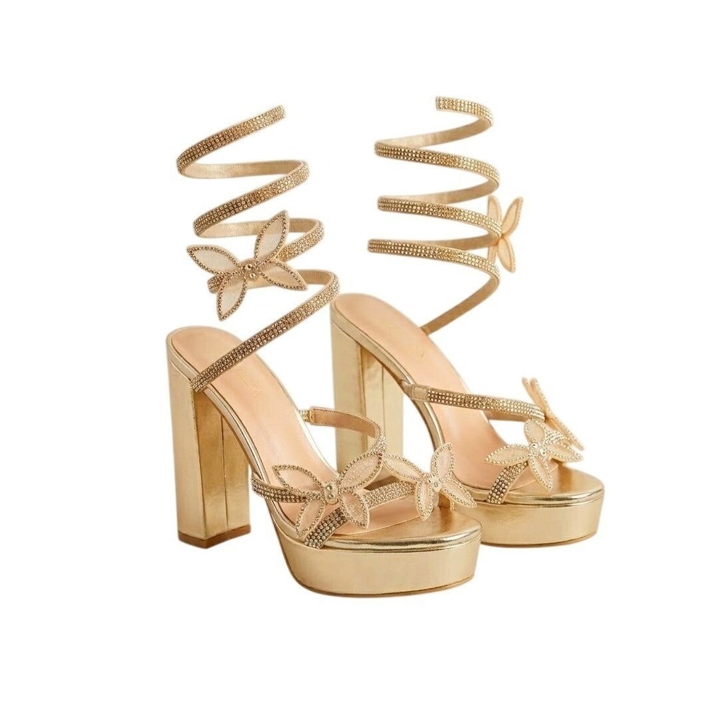 Gold Rhinestone Butterfly Spiral Wrap Platform Block‎ Heels 6.5